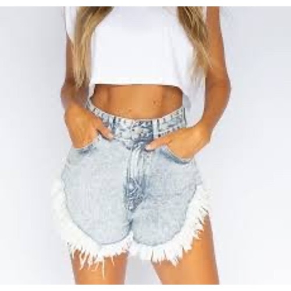 Tacoola Acid Wash High Waisted Fringed Denim Shorts Blue Festival Boho NWOT